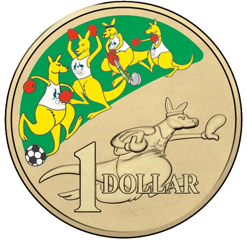 2016 $1 Mob of Boxing Kangaroos - Swimming Coloured Unc Coin in Card