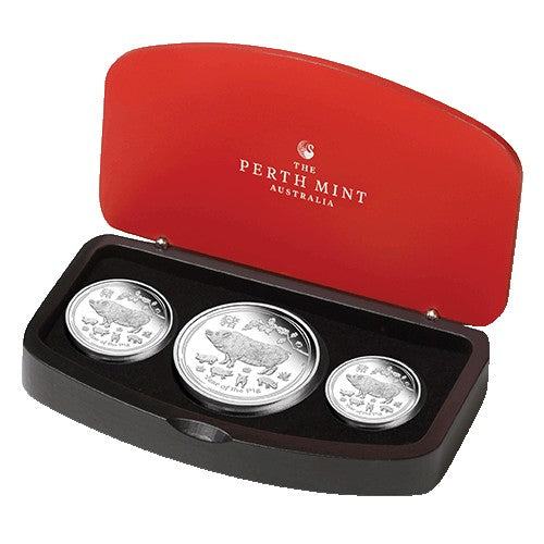2019 Australian Lunar Year of the Pig Three Coin Silver Set