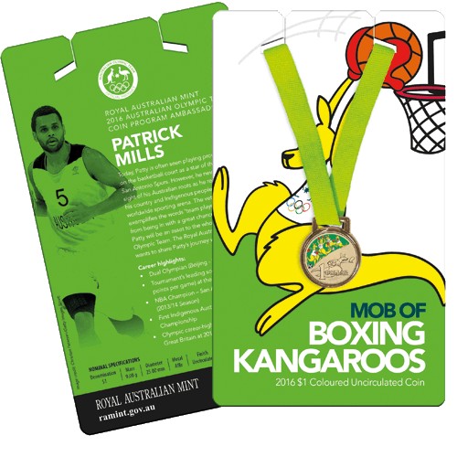 2016 $1 Mob of Boxing Kangaroos - Basketball Coloured Unc Coin in Card