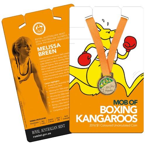 2016 $1 Mob of Boxing Kangaroos - Athletics Coloured Unc Coin in Card