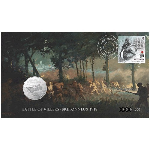 2018 50c Battle of Villers-Bretonneux 1918 Foil Postmarked Limited Edition Coin & Stamp Cover PNC