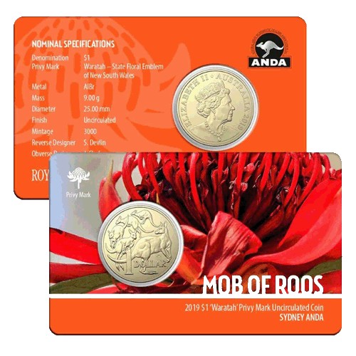 2019 $1 ANDA Sydney Money Expo Mob of Roos Waratah Privy Mark Al/Br Coin in Card