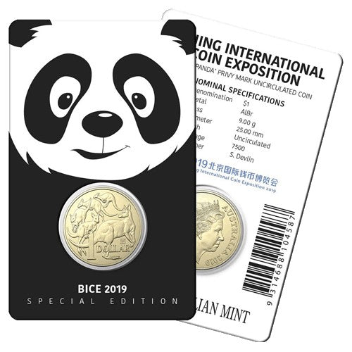 2019 $1 Beijing International Coin Expo Mob of Roos Panda Privymark Al/Br Coin in Card