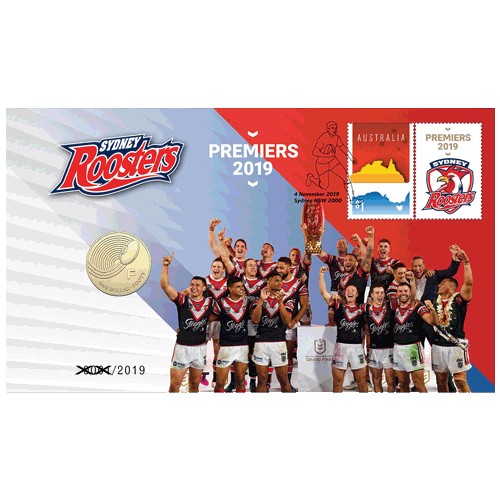 2019 $1 NRL Telstra Premiership Grand Final Sydney Roosters Coin & Stamp Cover PNC