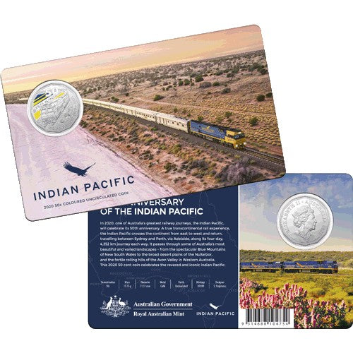 2020 50c 50th Anniversary of The Indian Pacific CuNi Coloured Coin in Card