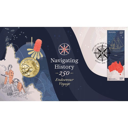 2020 $1 Navigating History - Endeavour Voyage Coin & Stamp Cover PNC