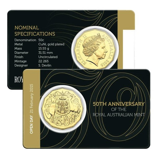 2015 50c 50th Anniversary Royal Australian Mint Gold Plated Open Day Unc Coin in Card