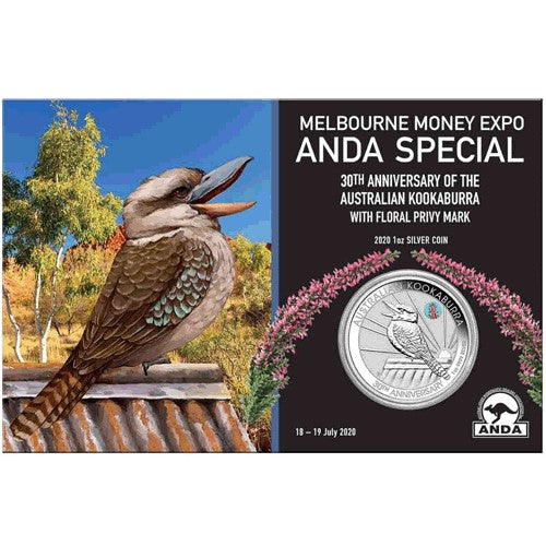 2020 $1 Melbourne Money Expo ANDA Special 30th Anniversary Kookaburra 1oz Silver Coin Common Heath Privy Mark