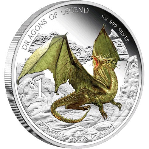 2013 $1 Dragons of Legend - European Green Dragon 1oz Silver Proof Coin