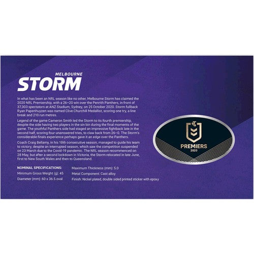 2020 NRL Melbourne Storm Premiers Limited Edition Medallion & Stamp Cover PNC