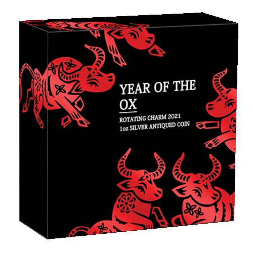 2021 $1 Year of the Ox Rotating Charm 1oz Silver Antiqued Coin