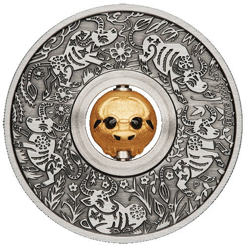 2021 $1 Year of the Ox Rotating Charm 1oz Silver Antiqued Coin