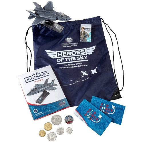 2021 RAAF Heroes of the Sky Zoom Bag, Coin Set, Centenary Token & F35 Plane Model