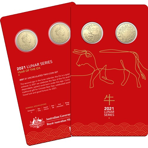 2021 $1 Year of the Ox Al/Br Uncirculated Two Coin Set