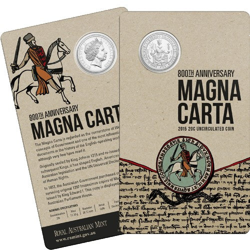 2015 20c 800th Anniversary of the Magna Carta Unc Coin in Card