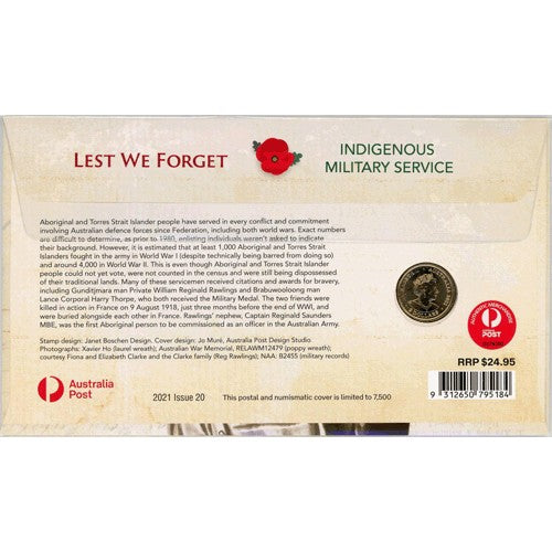 2021 $2 Lest We Forget Indigenous Military Service Coin & Stamp Cover PNC