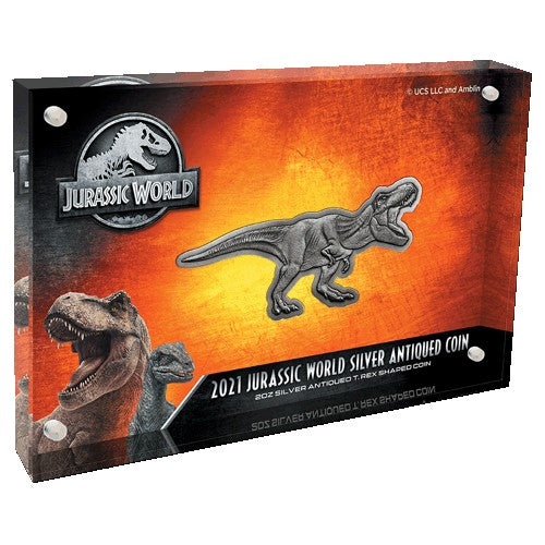 2021 $5 Jurassic World 2oz Silver Antiqued T.Rex Shaped Coin