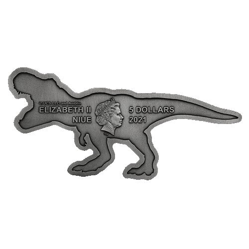 2021 $5 Jurassic World 2oz Silver Antiqued T.Rex Shaped Coin