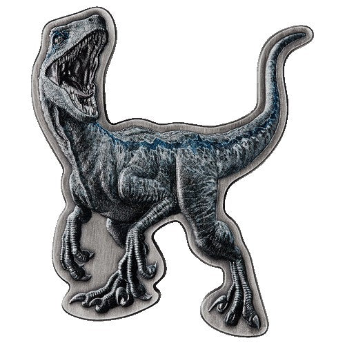 2021 $5 Jurassic World 2oz Silver Antiqued Velociraptor Shaped Coin