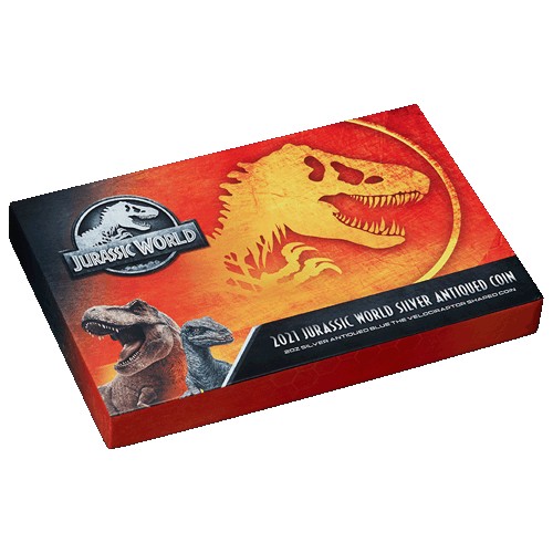 2021 $5 Jurassic World 2oz Silver Antiqued Velociraptor Shaped Coin