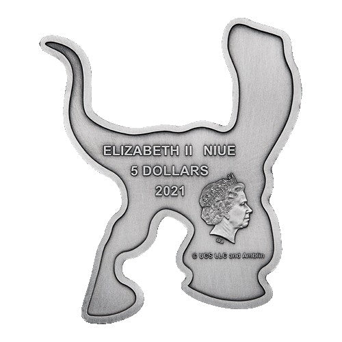 2021 $5 Jurassic World 2oz Silver Antiqued Velociraptor Shaped Coin