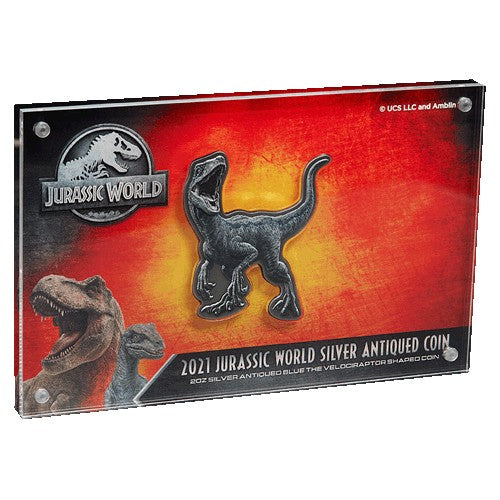 2021 $5 Jurassic World 2oz Silver Antiqued Velociraptor Shaped Coin