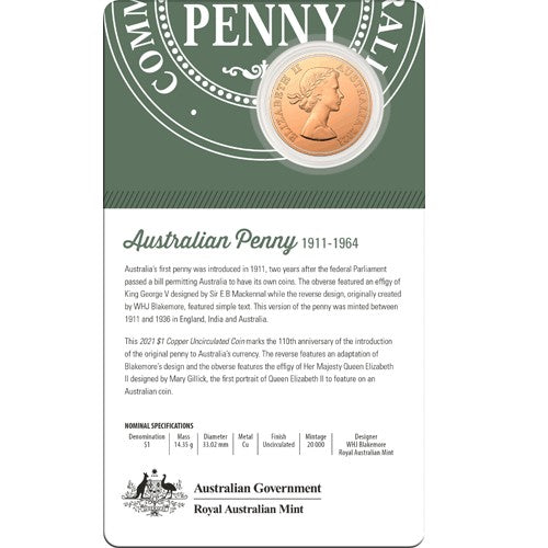 2021 $1 Australian Pennies 1911 - 1964 Copper Uncirculated Two-Coin Set