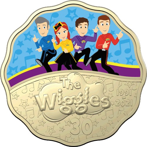 2021 30c 30 Years of the Wiggles Coloured Al/Br Uncirculated Scalloped Two Coin Set ated Coin