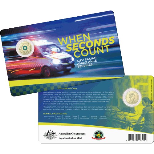 2021 $2 Australian Ambulance Services Al/Br C Mintmark Coloured Uncirculating Coin in RAM Card