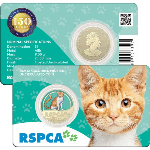 2021 $1 150th Anniversary of the RSPCA Australia Al/Br Coloured Uncirculated Cat Coin