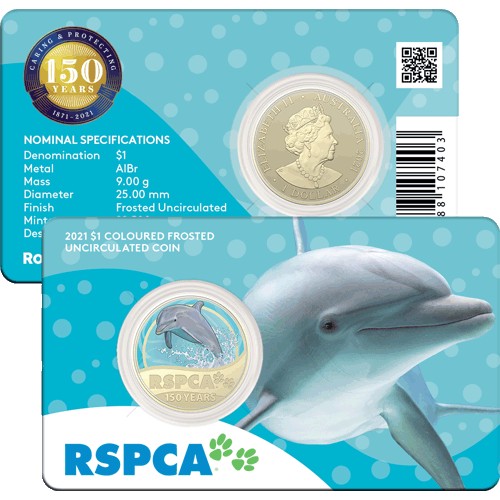 2021 $1 150th Anniversary of the RSPCA Australia Al/Br Coloured Uncirculated Dolphin Coin