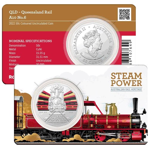 2022 50c Australian Steam Trains Coloured Uncirculated QLD Rail No.6 Coin & Folder
