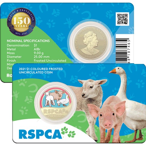 2021 $1 150th Anniversary of the RSPCA Australia Al/Br Coloured Uncirculated Farm Animals Coin