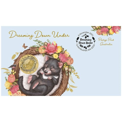 2021 $1 Dreaming Down Under - Tasmanian Devil Coin & Stamp Cover PNC