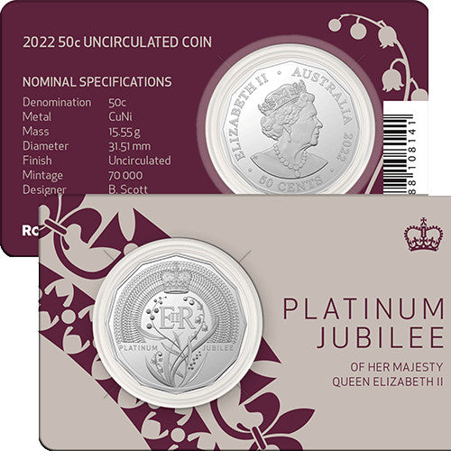 2022 50c HM Queen Elizabeth II Platinum Jubilee Cu/Ni Uncirculated Coin in Card