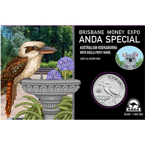 2022 $1 Brisbane Money Expo ANDA Kookaburra with Koala Privymark 1oz Silver Bullion BU Coin in Card