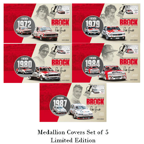 2022 Peter Brock 50 Years First Bathurst Win - King of the Mountain LE Medallion & Stamp Cover Set of 5 PNC