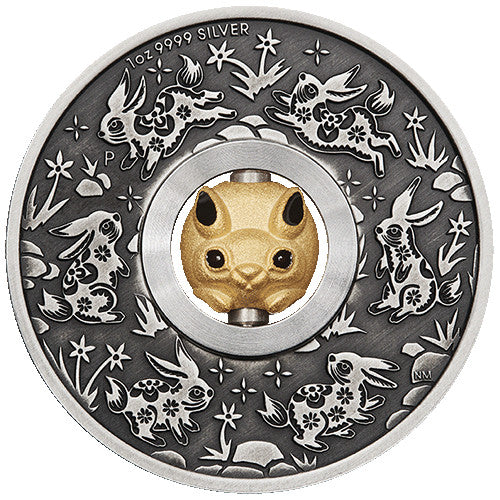 2023 $1 Year of the Rabbit Rotating Charm 1oz Silver Antiqued Coin