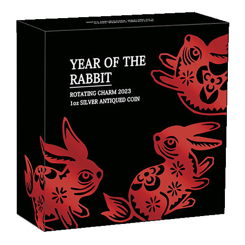 2023 $1 Year of the Rabbit Rotating Charm 1oz Silver Antiqued Coin Shipper