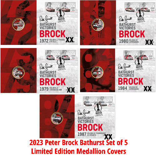 2023 Peter Brock Bathurst Victories Limited Edition Gold Plated Australian Penny & Stamp Cover Set of 5 PNC