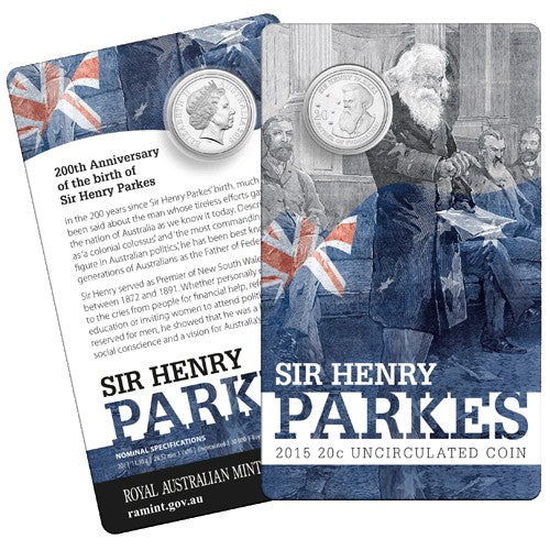 2015 20c 200th Anniversary Birth of Sir Henry Parkes Unc Coin in Card