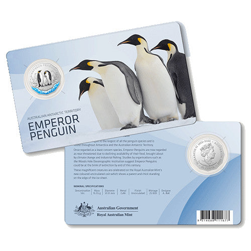 2023 50c Australian Antarctic Territory - Emperor Penguin Coloured Uncirculated Coin in Card