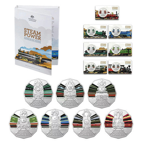 2022 50c Australian Steam Trains 7 Coin Set with Folder