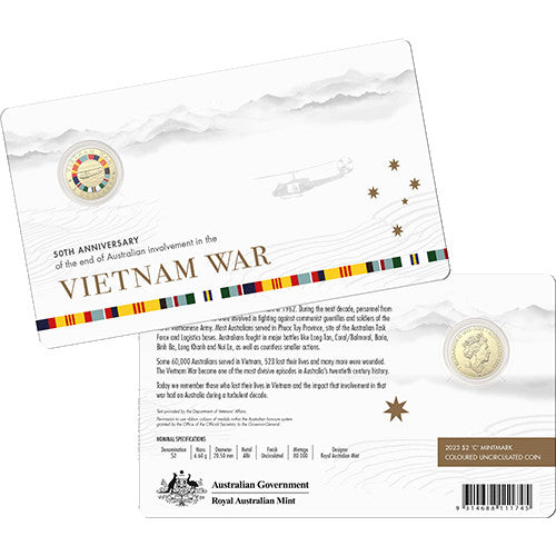 2023 $2 50th Anniversary of the End of Australia's Involvement Vietnam War Al/Br C Mintmark Coloured Unc Coin in RAM Card