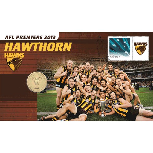 2013 $1 AFL Premiers Hawthorn Hawks Coin & Stamp Cover PNC