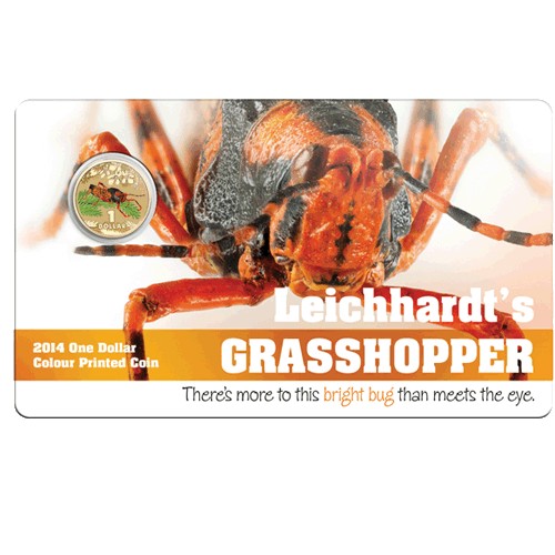 2014 $1 Bright Bugs Series - Leichardt's Grasshopper Unc Coin in Card