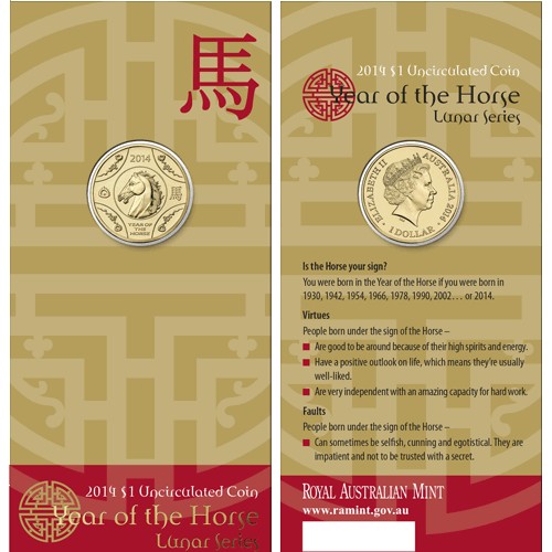 2014 $1 Year of the Horse Uncirculated Coin in Card