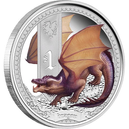 2014 $1 Mythical Creatures - Dragon 1oz Silver Proof Coin & Postcard