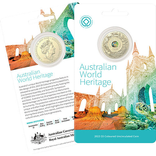 2023 $5 Australian World Heritage Properties Coloured Frosted Uncirculated Coin in Card