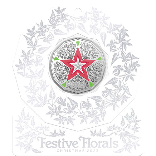 2023 50c Christmas Decoration - Festive Floral Uncirculated Cu/Ni Coloured Coin in Card